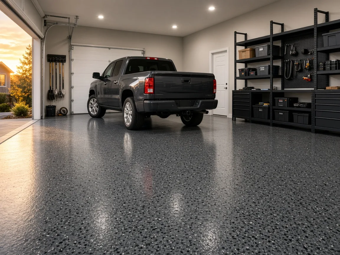 Example of a charcoal flake epoxy garage floor with truck parked