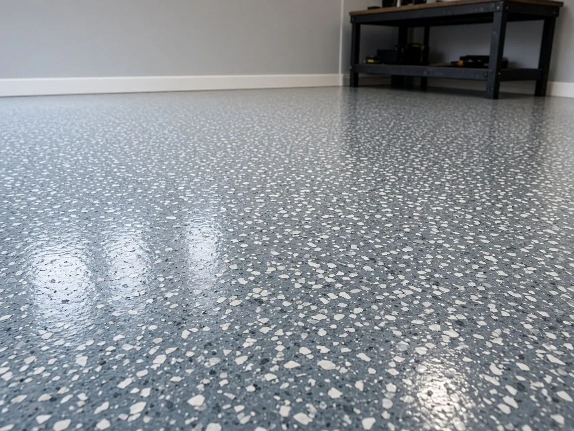 Example of a glossy flake epoxy garage floor finish